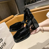 Lace Bowknot Pearls Strap Platform Pumps Women Thick Heels Mary Jean Shoes Woman Square Toe High Heeled Shoes Ladies